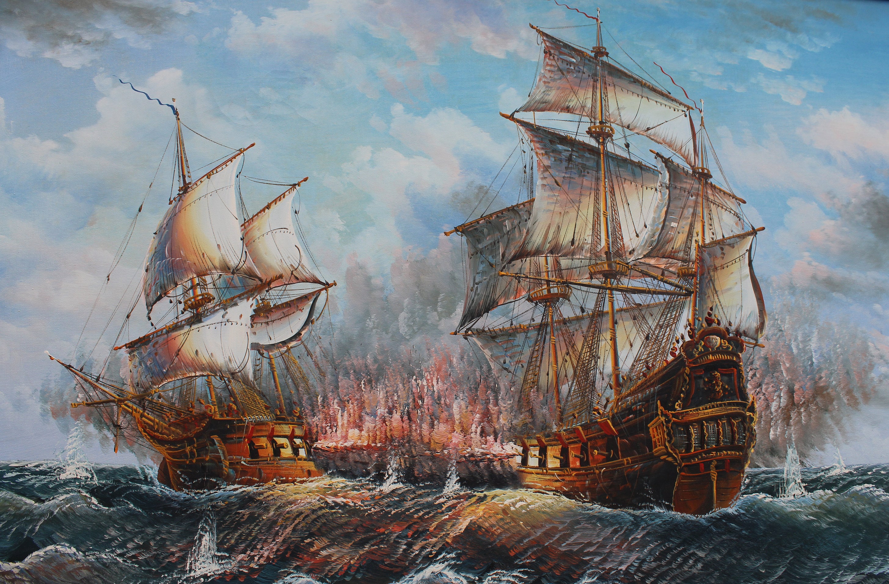 Battleships at Sea - Vintage Original Impressionist Large Nautical