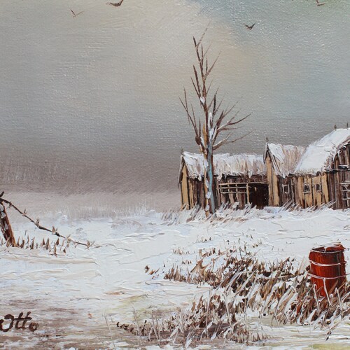 M. Otto winter barn shops farm landscape framed oil painting vintage original texture 1970's overall size 17