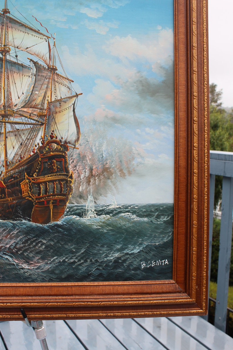 Battleships at Sea Vintage Original Impressionist Large Nautical Oil