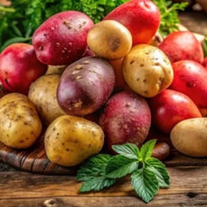 May include: A selection of fresh potatoes in shades of red, brown, and yellow, presented on a wooden board. Green herbs and leaves are placed around the potatoes, creating a rustic and natural arrangement.