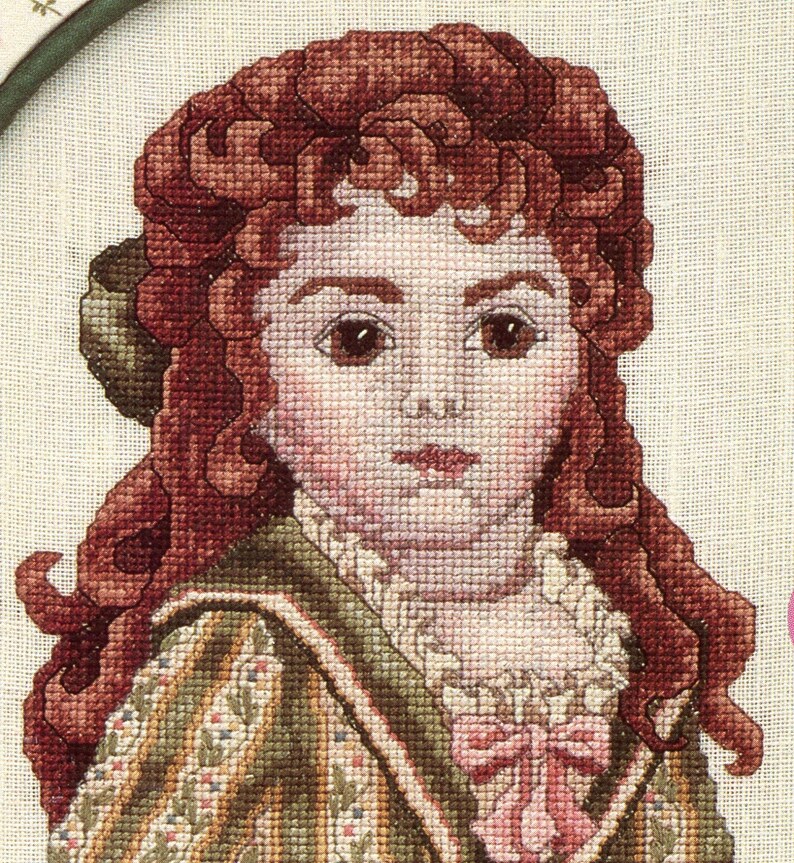 French Bisque Doll MADEMOISELLE MIMI Out of Print and Rare cross stitch leaflet Just CrossStitch 1985 Teresa Wentzler