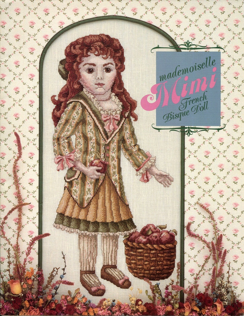 French Bisque Doll MADEMOISELLE MIMI Out of Print and Rare cross stitch leaflet Just CrossStitch 1985 Teresa Wentzler