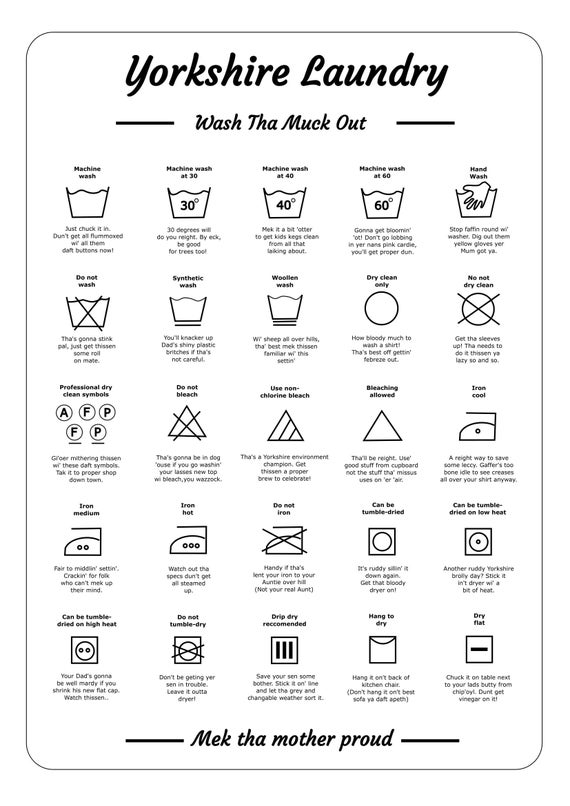 Yorkshire Laundry Washing Care Symbols Instructions Funny Dialect Print