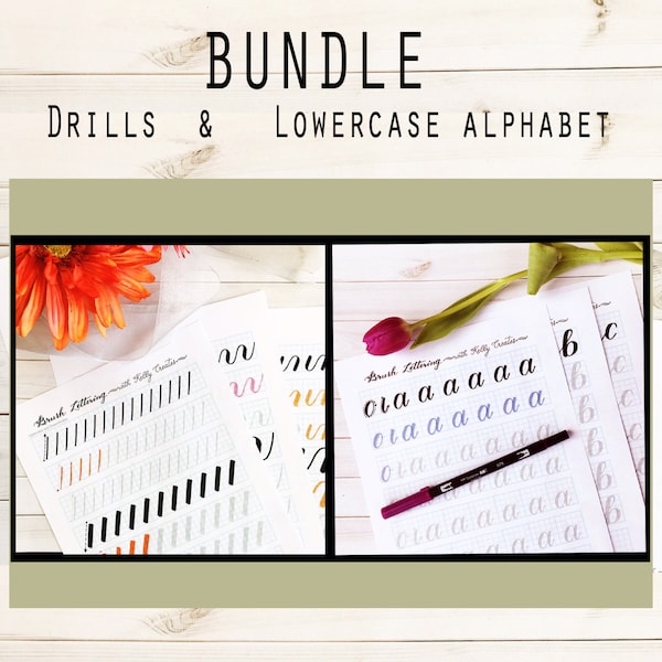 BUNDLE 1: Brush Lettering Lowercase Alphabet & Basic Strokes for Large Brush Pens