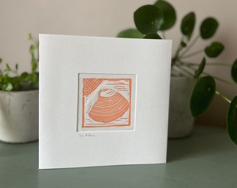 Original Linocut 'Shell' Card, Handprinted Mini-Lino Print, Sea Shell card, Sea Shell print card