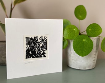 Original Linocut 'Toucan Jungle' Card, Handprinted Mini-Lino Print, Tropical Toucan and Plant card