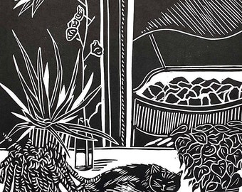 Original Linocut 'The Fireplace', Handprinted Lino Print, House plants and Cat print
