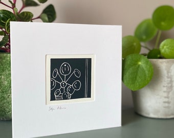 Original Linocut 'Pilea' Card, Handprinted Mini-Lino Print, House plant card