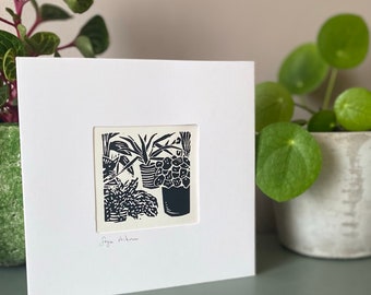 Original Linocut 'Flora & Fauna' Card, Handprinted Mini-Lino Print, House plant card, Lino print card, Handmade card, Handprinted Lino card