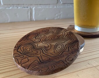 Engraved Acacia Wood Topographic Map Coasters, Housewarming Gift