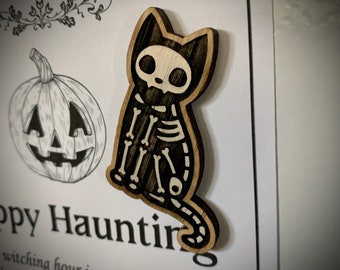 Halloween Magnet, Bones the Cat, Natural Wood Magnet, Spooky Season Decor