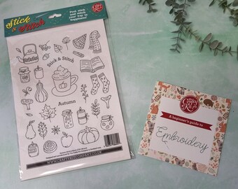 May include: A white sheet with black and white illustrations of autumn themed items, such as leaves, pumpkins, and a teapot. The sheet is labelled "Stick & Stitch" and "Autumn". A small card with a floral pattern and the text "A beginner's guide to Embroidery" is also shown.