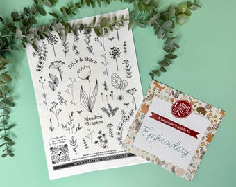May include: A black and white embroidery pattern sheet featuring a variety of meadow grasses and flowers. The sheet includes a QR code and the text "Stick & Stitch Meadow Grasses" and "www.craftykitcompany.co.uk". A beginner's guide to embroidery booklet with a colourful floral design and the text "The Crafty Kit Co. A beginner's guide to Embroidery" is also shown.