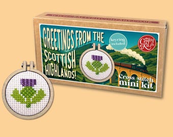 Greetings from The Scottish Highlands! (thistle) Mini Matchbox Cross Stitch Kit