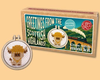 Greetings from The Scottish Highlands! (cow) Mini Matchbox Cross Stitch Kit