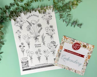 May include: A black and white printable sheet with a variety of flower designs labelled "Stick & Stitch Flower Posies". A small booklet titled "A beginner's guide to Embroidery" is also shown.