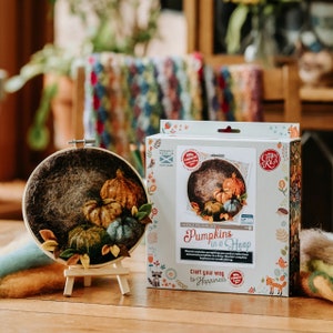 Può includere: Un kit di feltro ad ago con un cerchio e un design in feltro di lana di zucche. La scatola è etichettata "Zucchine in un cerchio" e "Crea il tuo percorso verso la felicità".