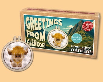 Greetings from Glencoe! (cow) Mini Matchbox Cross Stitch Kit