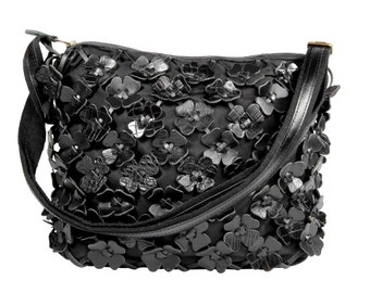Style Abba in Black: The Iconic shoulder bag decorated with handcutted flowers made of small pieces of leather from Octopus Denmark