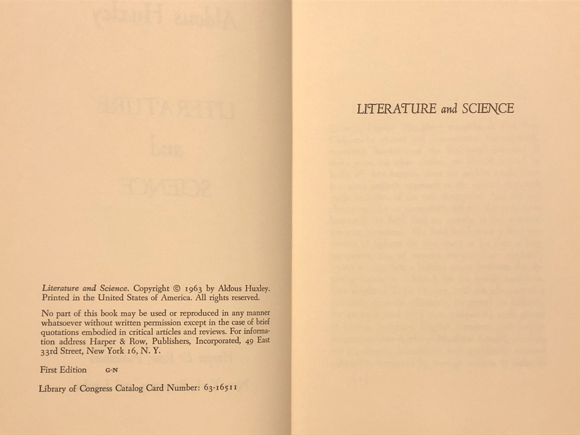 Literature and Science by Aldous Huxley (1963) first edition book