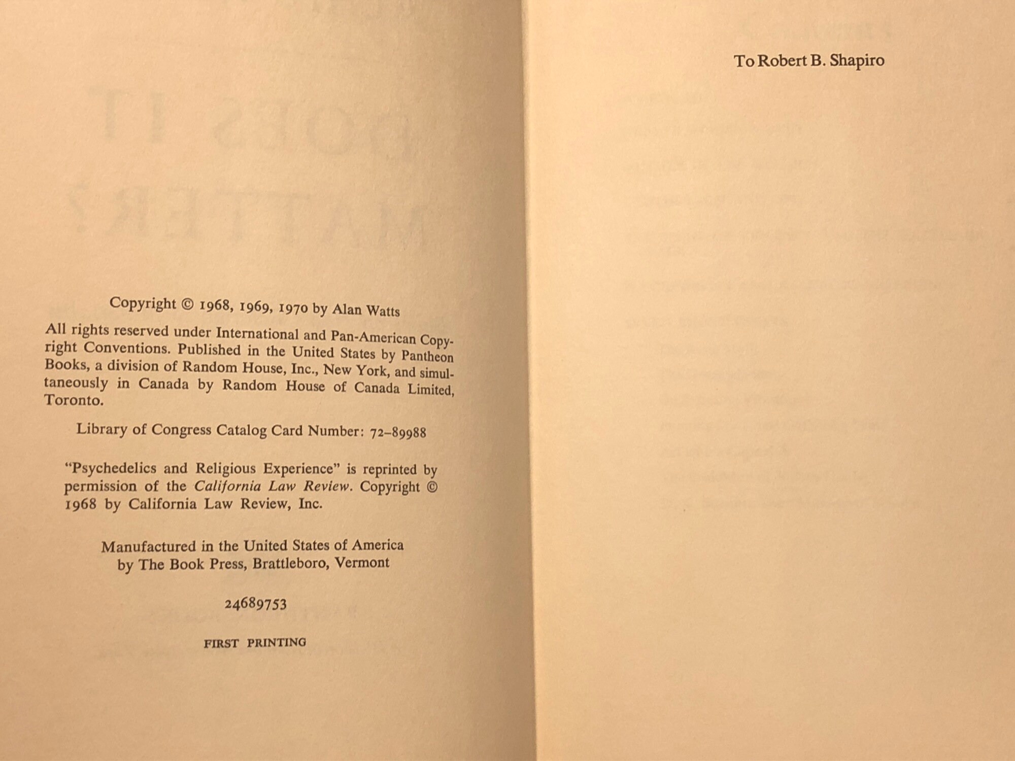 Does it Matter? by Alan Watts (1970) first edition book