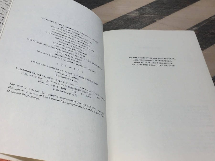 Schindler's List by Thomas Keneally (1982) hardcover book