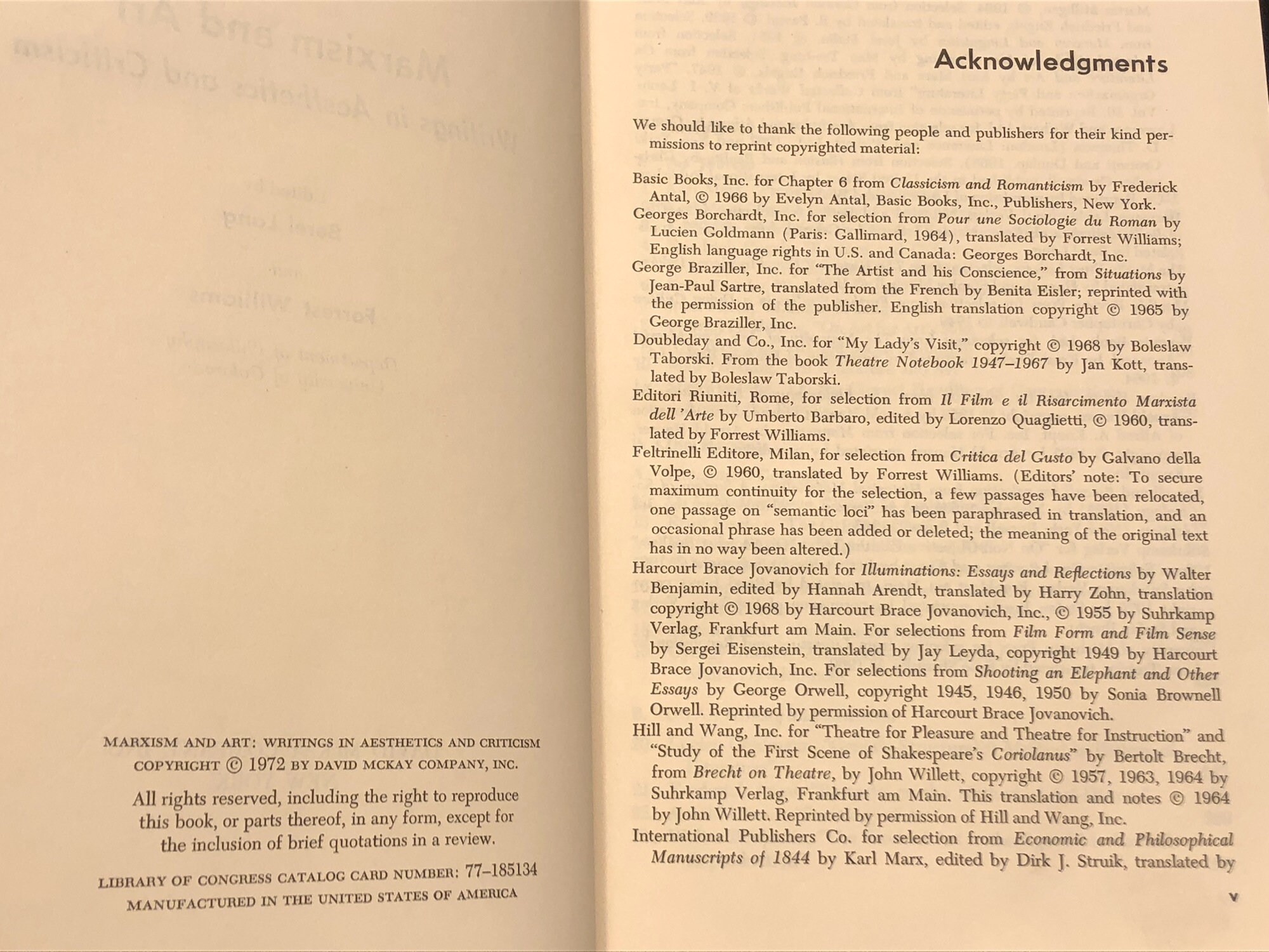 Marxism & Art by Berel Lang and Forrest williams (1972) first edition book