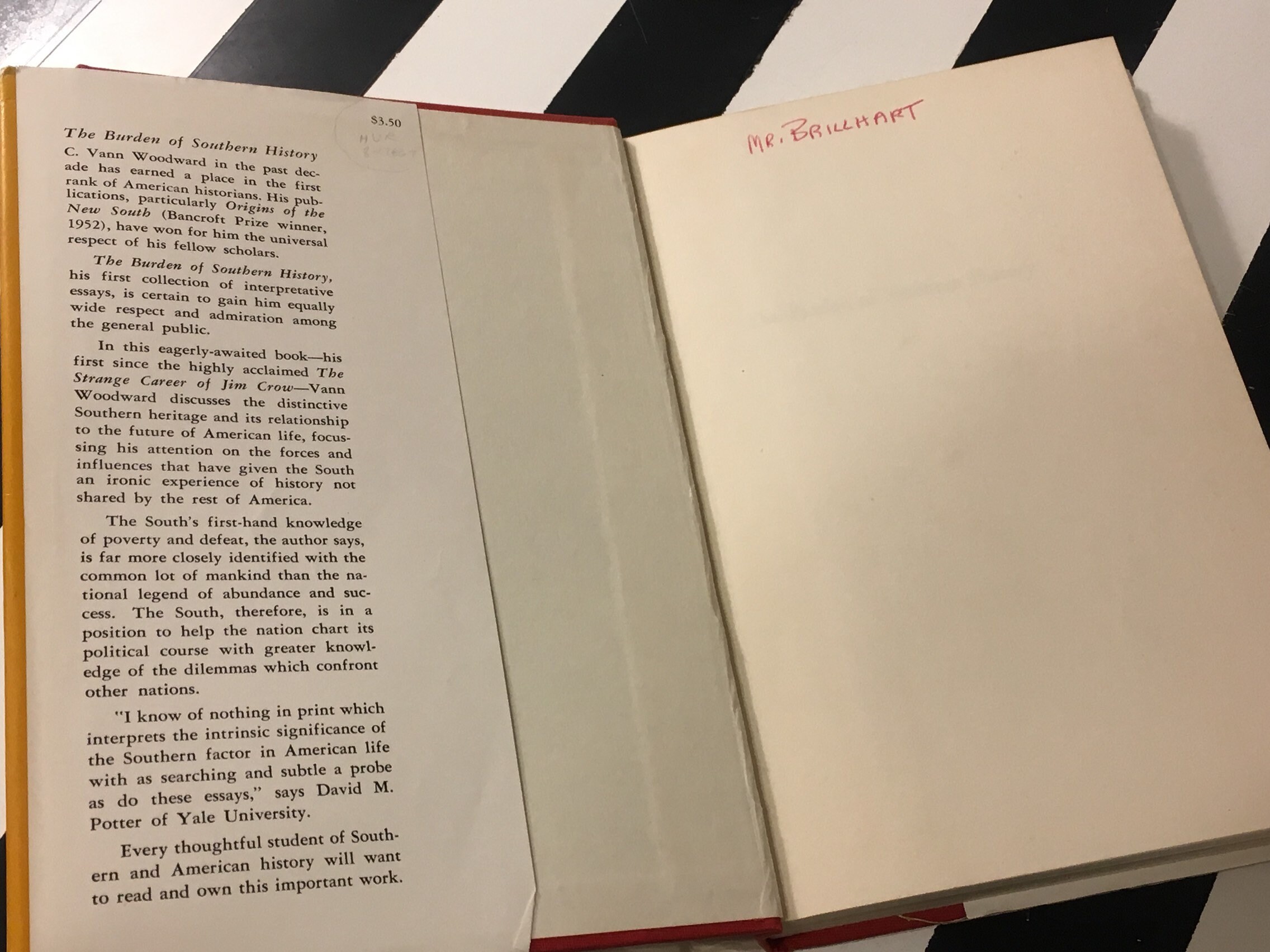 The Burden of Southern History by C. Vann Woodward (1960) hardcover book