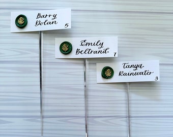 Mini Monstera Wax Seal Cocktail Stirrer Place Card, Champagne Flute Escort Cards + Tropical Wedding + Hand Calligraphy Place Cards Stirrers