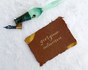 Artisan Terra-Cotta Calligraphy Place Card & Handmade Paper Set | Raw Edge Escort Card for Elegant Wedding Stationery.