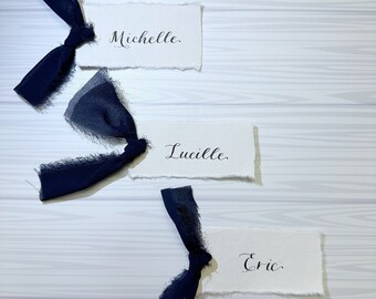 Calligraphy Cream and Navy Place Cards | Handmade Paper Tags | Deckled Edge Place Cards | Chiffon Ribbon Escort Cards | Wedding Decor.