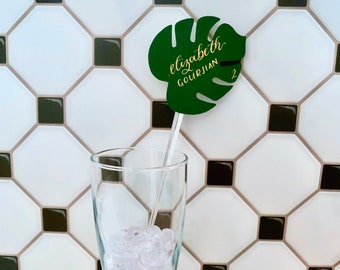 Monstera Leaf Place Card Stirrers | Sip & Be Seated Wedding Theme | Calligraphy Escort Card Stirrers | Champagne Wall Wedding.