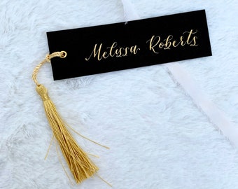 Gold Tassel Wedding Place Cards + Black and Gold Place Cards + Calligraphy Escort Cards + Wedding Table Decor + Wedding Seating Name Cards