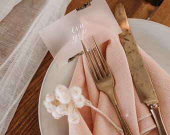 Blush Vellum and Gold Foil Place Cards | Flat Lay Wedding Vellum Escort Cards | Calligraphy Foiled Place Cards | Wedding Seating Name Cards.