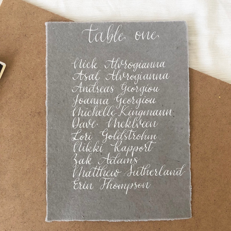 Calligraphy Seating Chart Cotton Rag Seating Plan Gray Wedding Seating Chart Handwritten Table Chart Handmade Cotton Rag Custom Seating