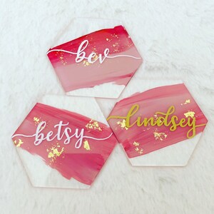 Hand Lettered Hexagon Acrylic Place Cards | Wedding Place Cards | Calligraphy Name Cards | Escort Cards | Brush Strokes Hexagon Place Cards.