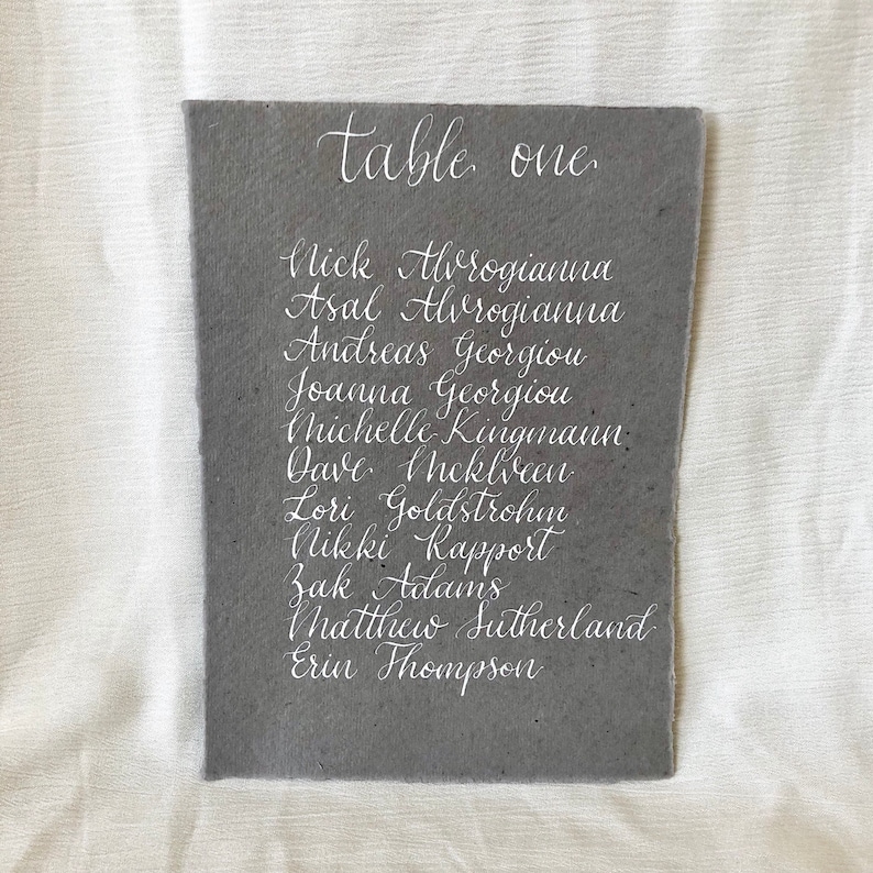 Calligraphy Seating Chart Cotton Rag Seating Plan Gray Wedding Seating Chart Handwritten Table Chart Handmade Cotton Rag Custom Seating