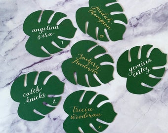 Chic Hand-Calligraphed Monstera Leaf Place Cards | Wedding & Garden Decor | Destination Wedding | Greenery Wedding Accents.