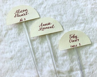 Hand Calligraphy Half Moon Place Cards Stirrers | Sip and Be Seated Wedding Theme | Champagne Flute Glass Escort Cards | Bride and Groom.