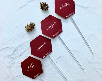 Burgundy Hexagon Cocktail Stirrers | Champagne Wall Seating Chart | Calligraphy Hexagon Escort Cards | Flute Glass Place Card Stirrers.