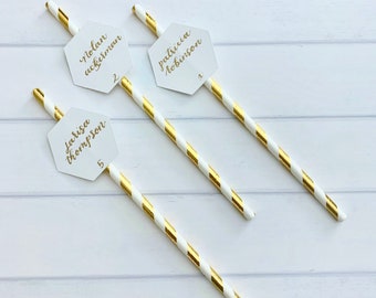Calligraphy Hexagon Paper Straws Escort Cards + Gold Stripe Party Straws Place Cards + Sip and be Seated Theme + Champagne Wall Wedding