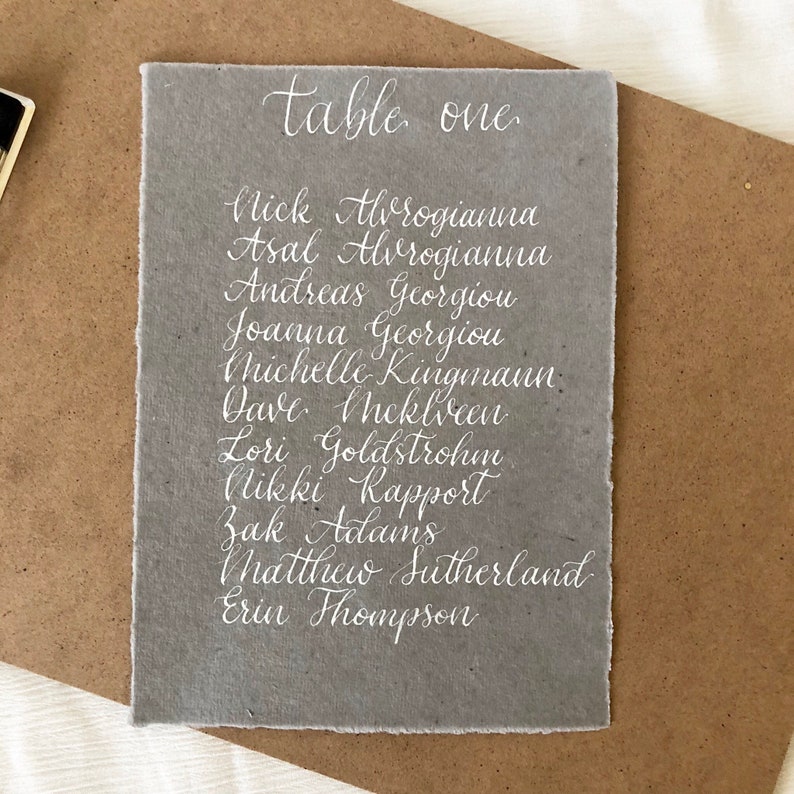 Calligraphy Seating Chart Cotton Rag Seating Plan Gray Wedding Seating Chart Handwritten Table Chart Handmade Cotton Rag Custom Seating