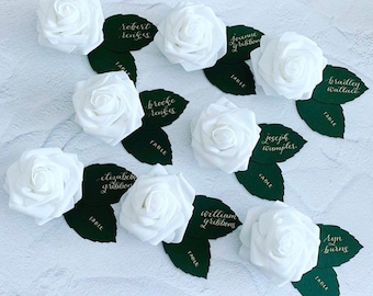 White Rose Place Cards || Hand Calligraphy Wedding Escort Cards || Faux White Rose Escort Cards || Floral Wedding Reception Decor.