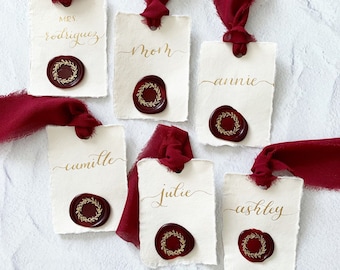 Calligraphy Cream and Burgundy Gift Tags | Handmade Paper Tags | Wax Seal Gift Tags | Bridesmaid Hanger Tags | Wedding Decor | Place Cards.