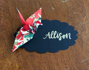 Origami Crane Name Place Cards | Washi Origami Crane | Gold Ink Hand-Lettered Name Cards | Wedding Place Cards | Table Decorations.