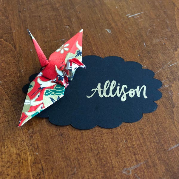 Origami Crane Name Place Cards | Washi Origami Crane | Gold Ink Hand-Lettered Name Cards | Wedding Place Cards | Table Decorations.