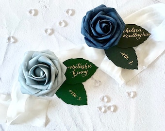 Dusty Blue Rose Place Cards | Hand-Calligraphed Wedding Escort Cards | Faux Blue Rose Escort Cards | Floral Reception Decor.