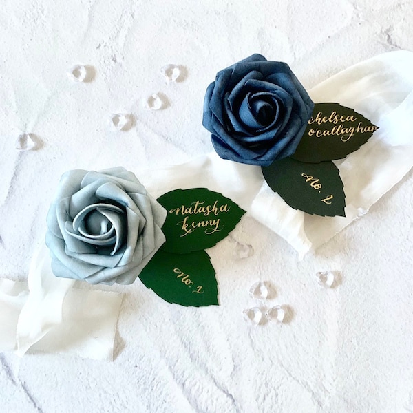 Dusty Blue Rose Place Cards | Hand-Calligraphed Wedding Escort Cards | Faux Blue Rose Escort Cards | Floral Reception Decor.