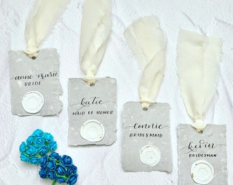 Calligraphy Stone Color Paper Gift Tags | Handmade Paper Tags | Wax Seal Gift Tags | Bridesmaid Hanger Tags | Wedding Decor | Place Cards.