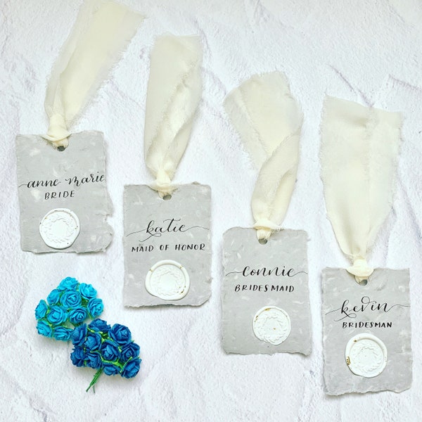 Calligraphy Stone Color Paper Gift Tags | Handmade Paper Tags | Wax Seal Gift Tags | Bridesmaid Hanger Tags | Wedding Decor | Place Cards.